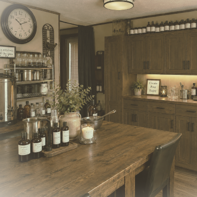 Rustic kitchen with wooden furniture, vintage clock, and glass jars on the shelves.