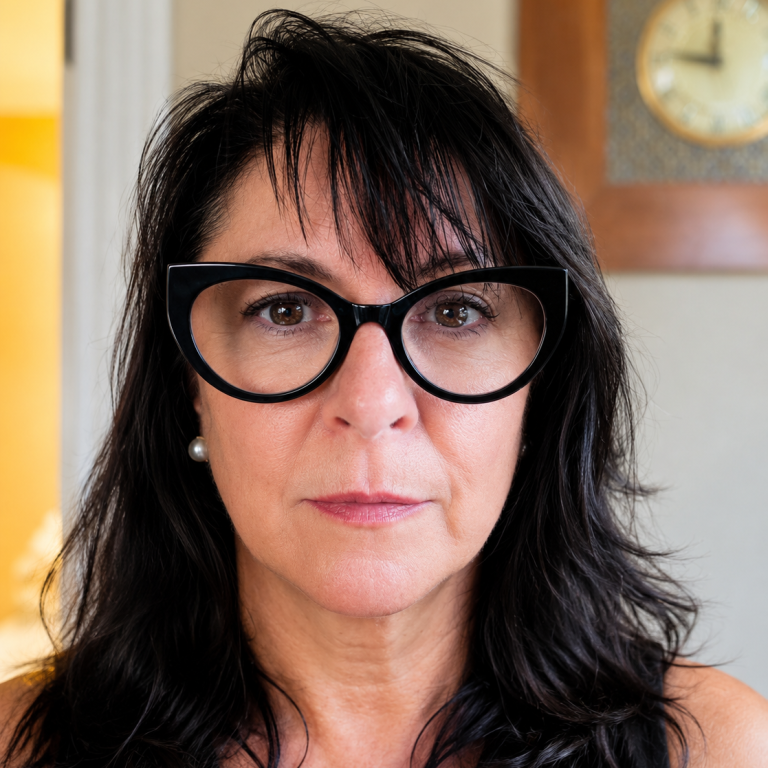 Woman with dark hair and black glasses, staring directly at the camera.