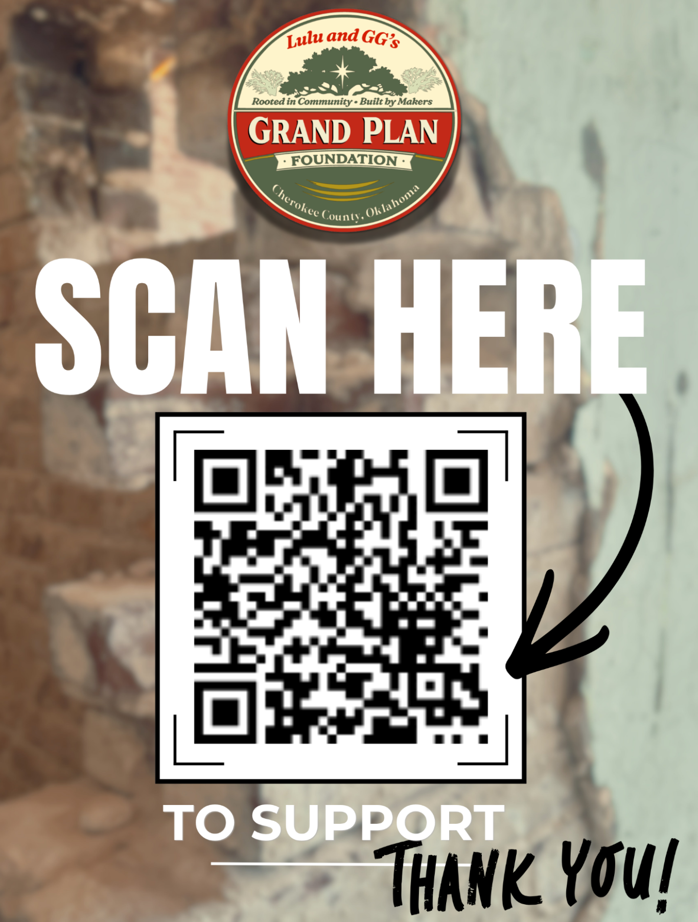 QR code with instructions to scan for support, set against a textured wall background.