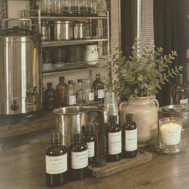 A rustic display of bottles, herbs, and a candle on a wooden table.