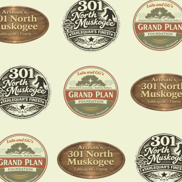 Lulu and GG's Grand Plan Foundation Pattern of vintage-style labels featuring "301 North Muskogee" and "Grand Plan."